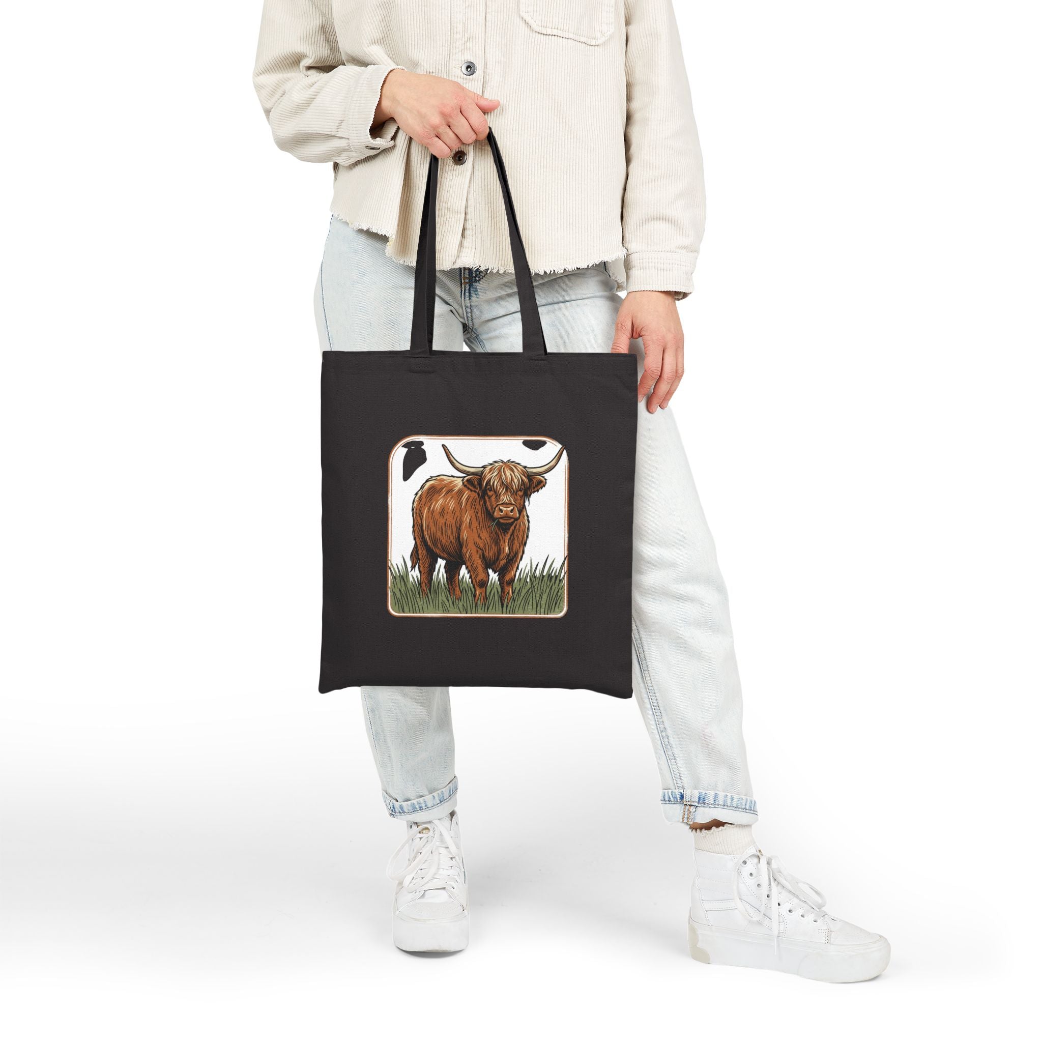 Highland Cow Canvas Tote Bag — Rustic Farm Animal Market Tote