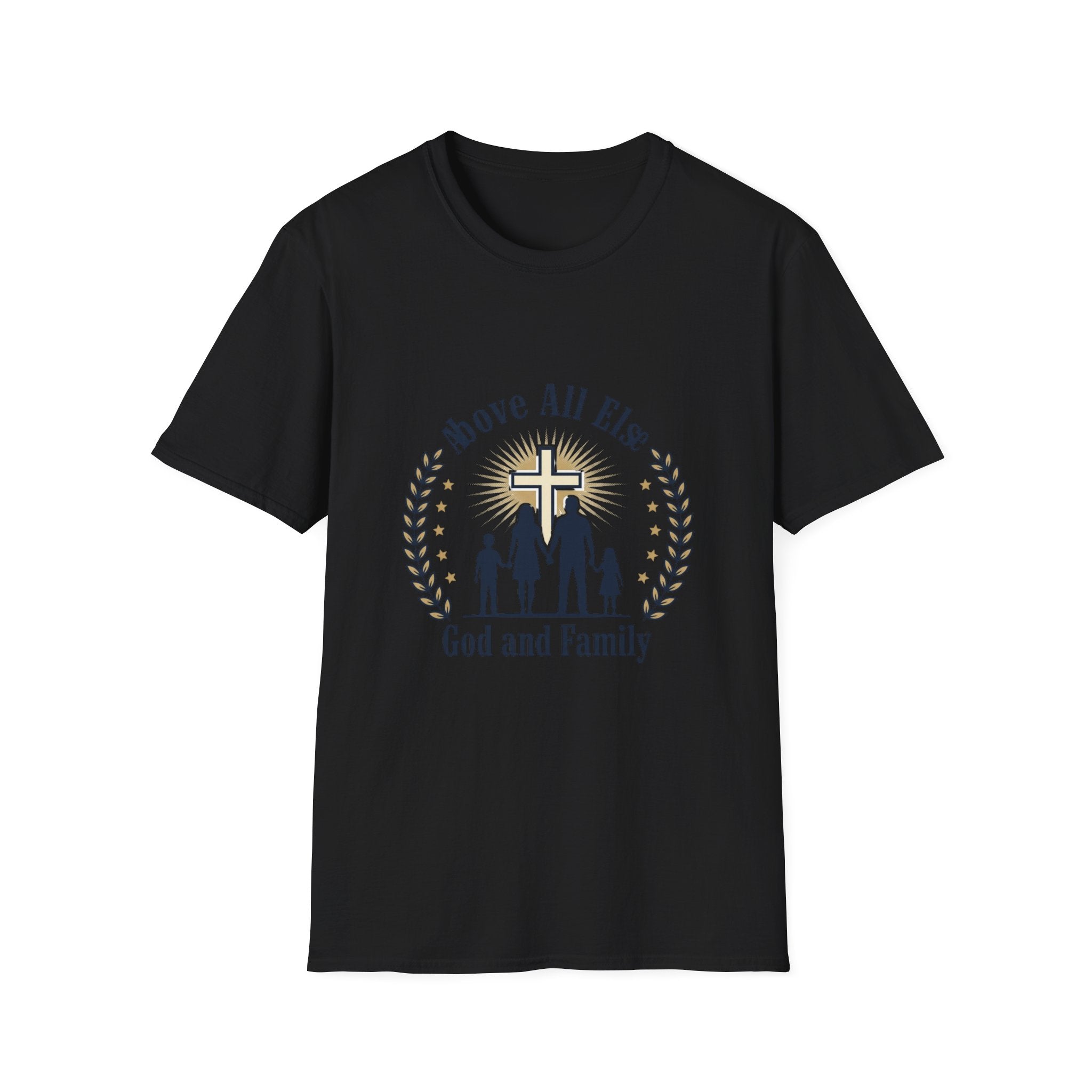 God and Family T-Shirt — Above All Else Cross & Family Silhouette Christian Tee