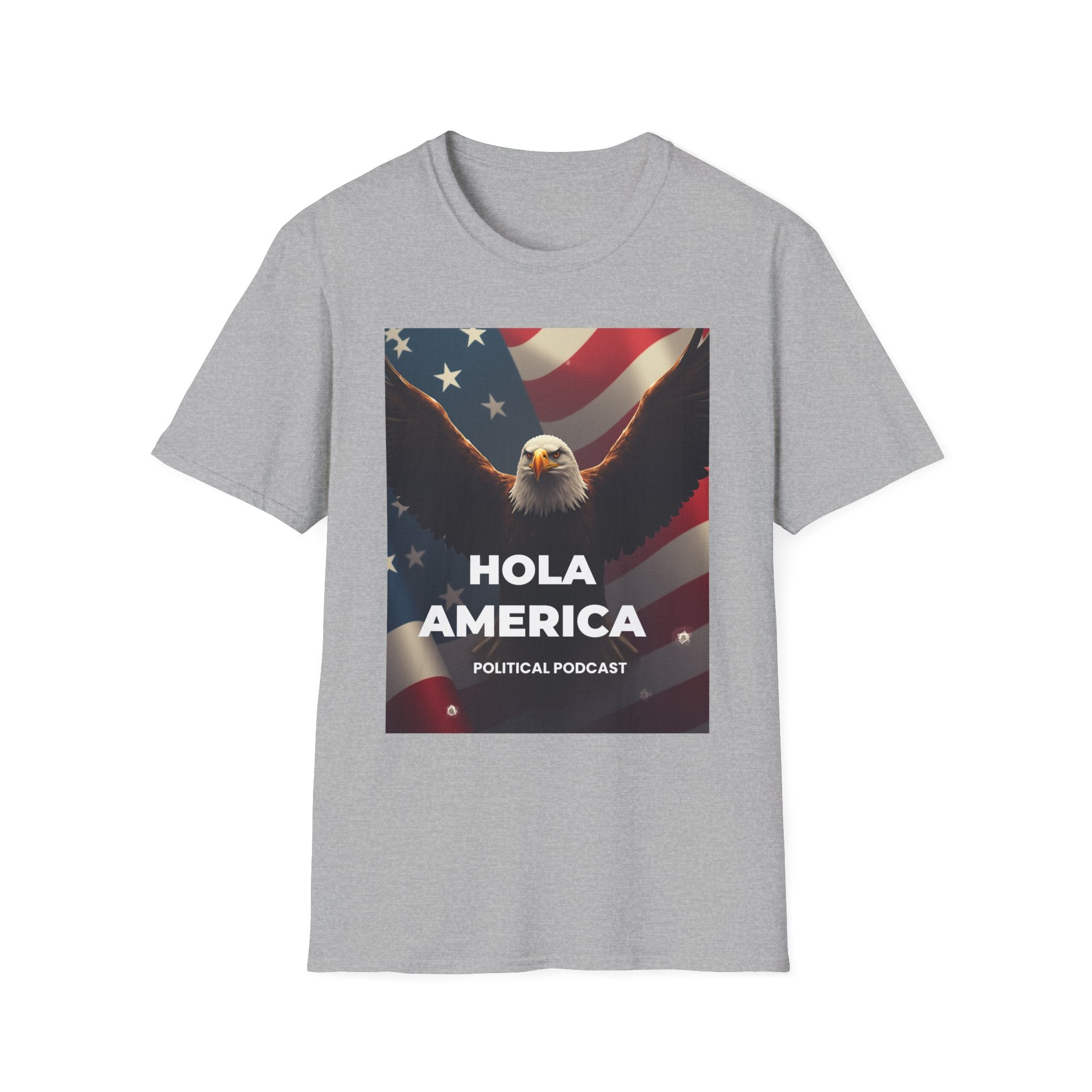 Hola America Podcast T-Shirt — Bald Eagle & American Flag Promotional Tee
