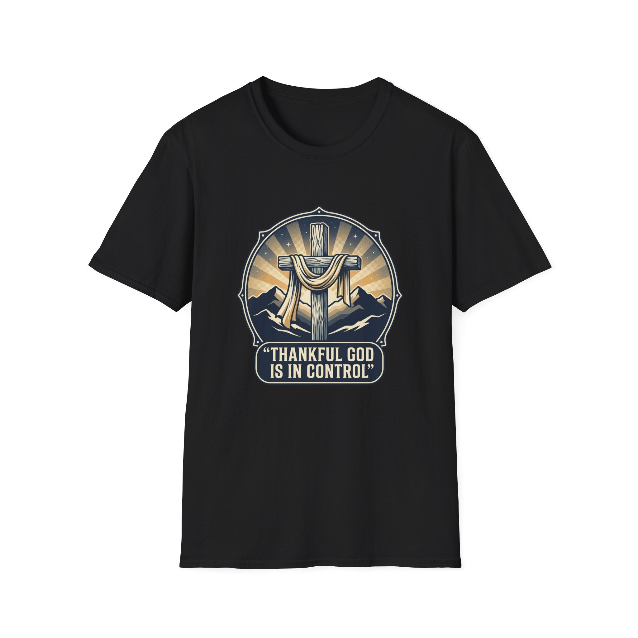 Christian T-Shirt — "Thankful God Is In Control" Cross Design