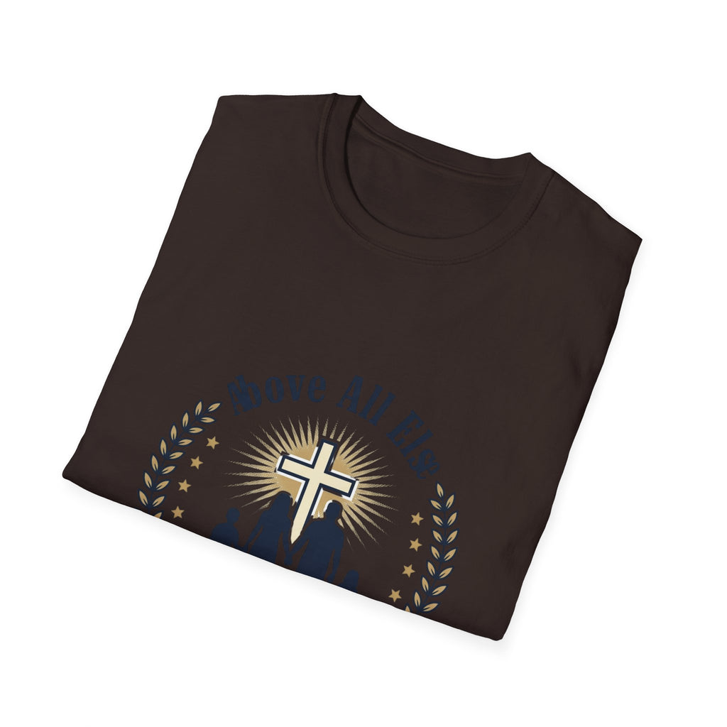 God and Family T-Shirt — Above All Else Cross & Family Silhouette Christian Tee