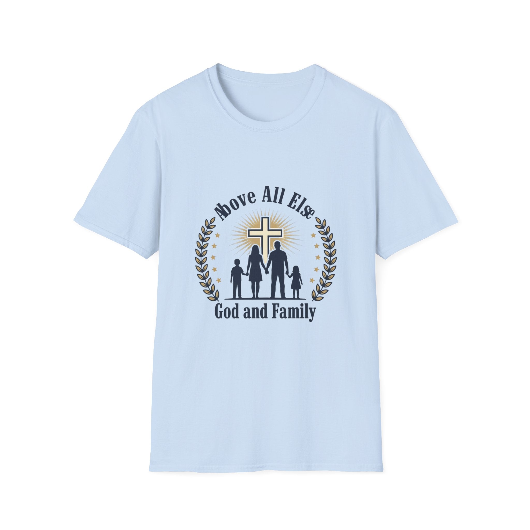 God and Family T-Shirt — Above All Else Cross & Family Silhouette Christian Tee