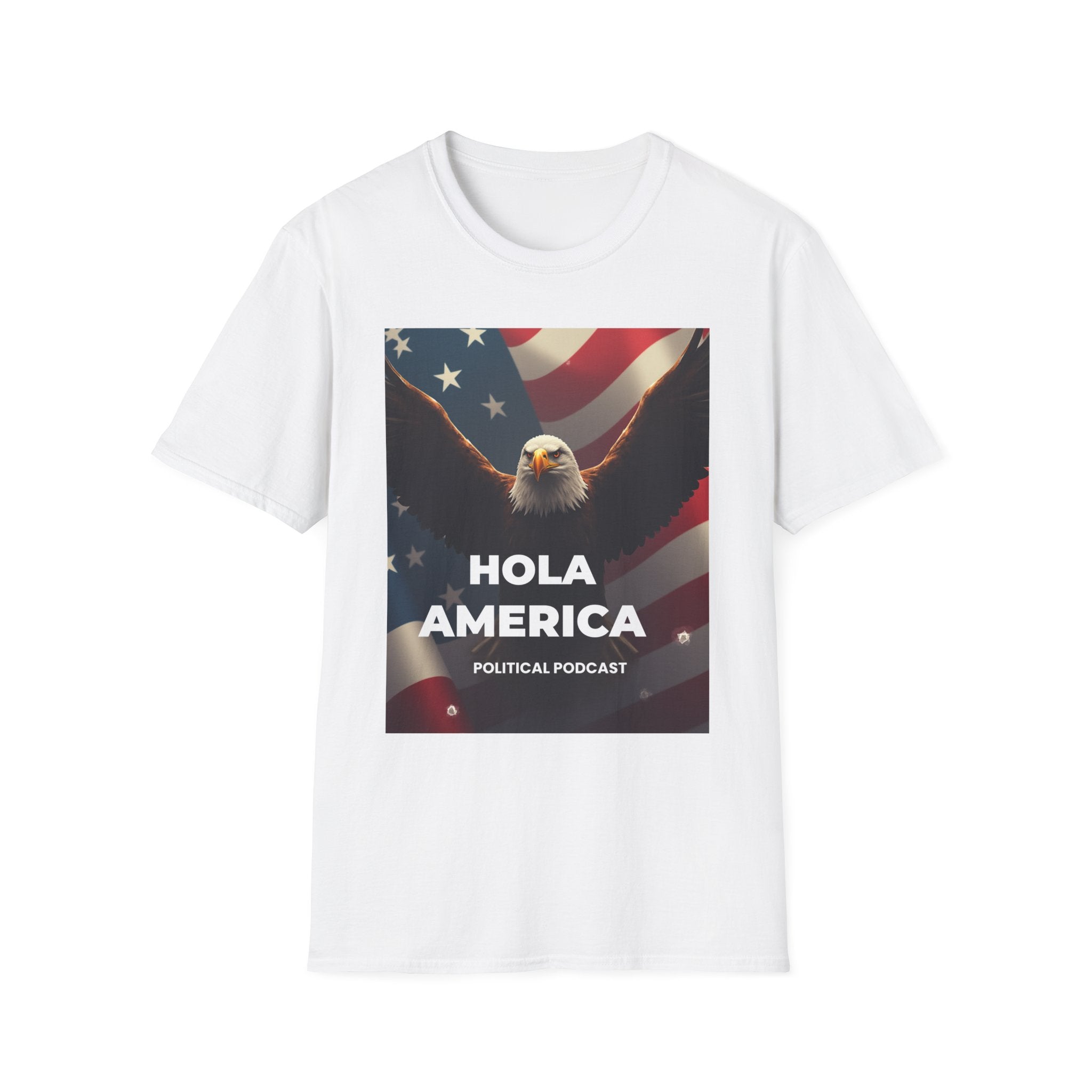 Hola America Podcast T-Shirt — Bald Eagle & American Flag Promotional Tee
