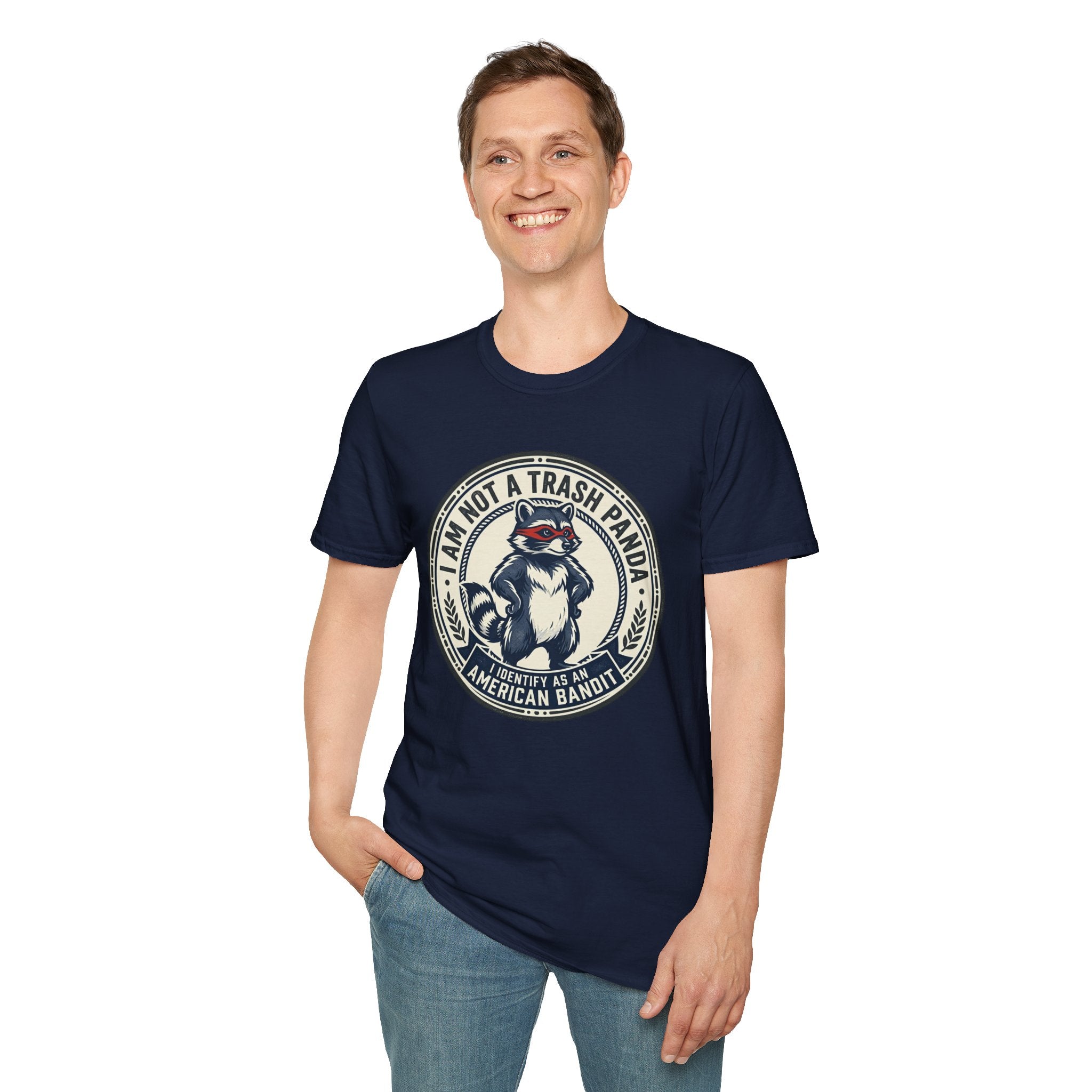 Raccoon Retro Badge T-Shirt — "I Am Not a Trash Panda, I Identify as an American Bandit"