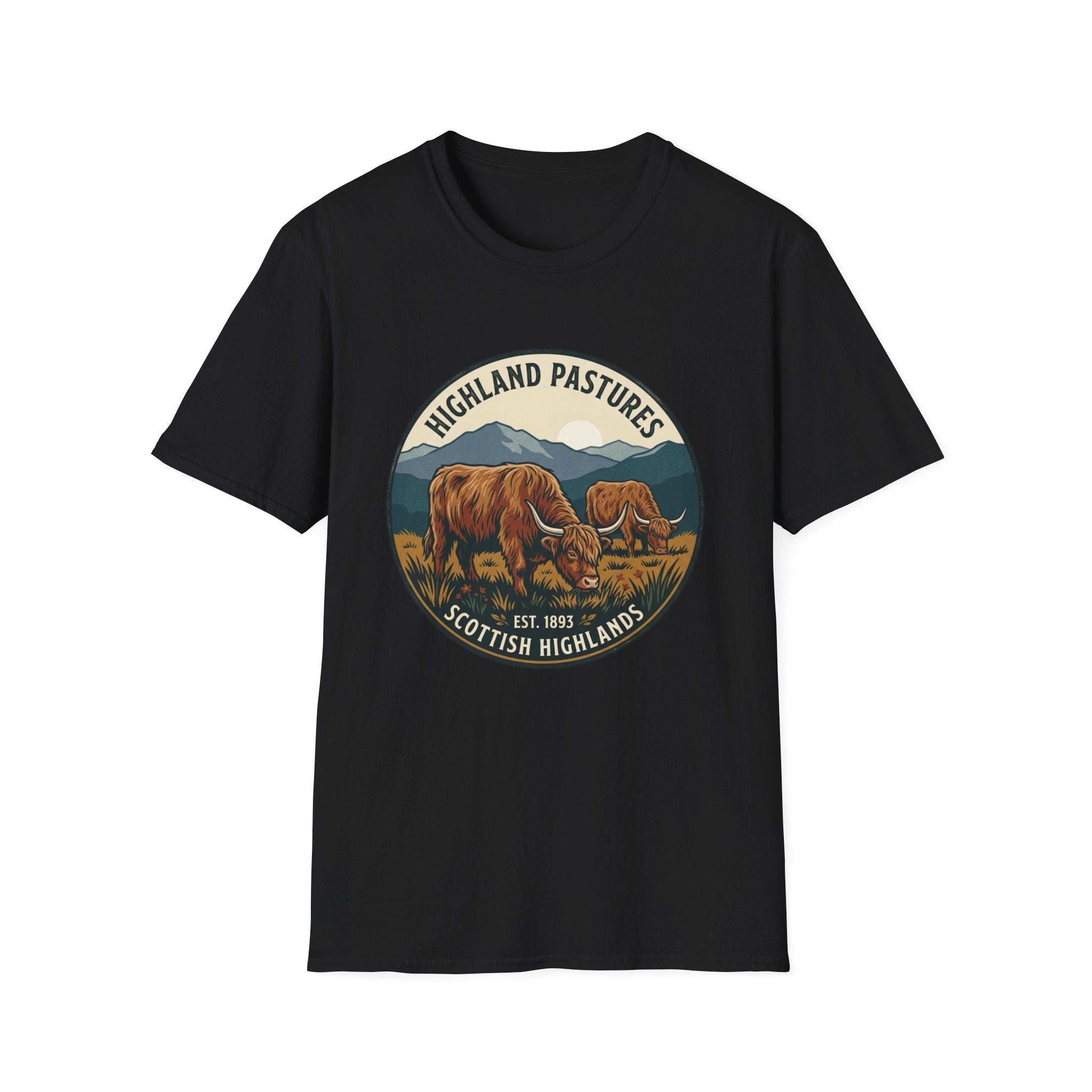 Highland Pastures T-Shirt — Scottish Highlands Highland Cow Vintage Badge