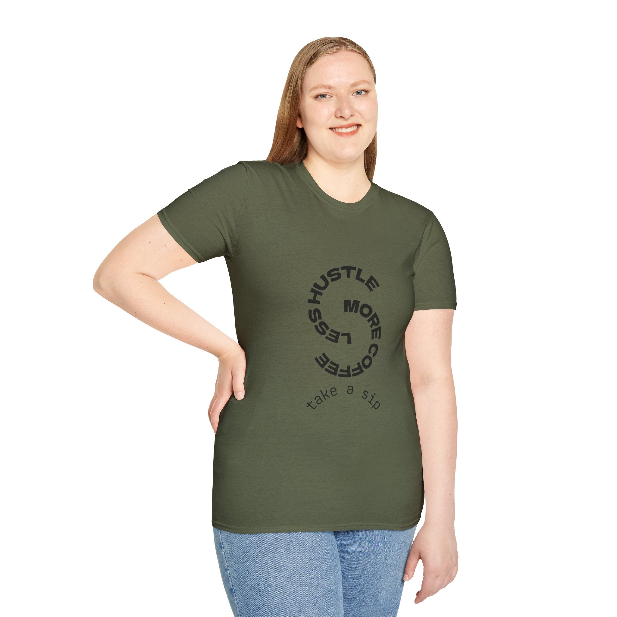 T-Shirt — "More Coffee Less Hustle" Minimalist Graphic Tee