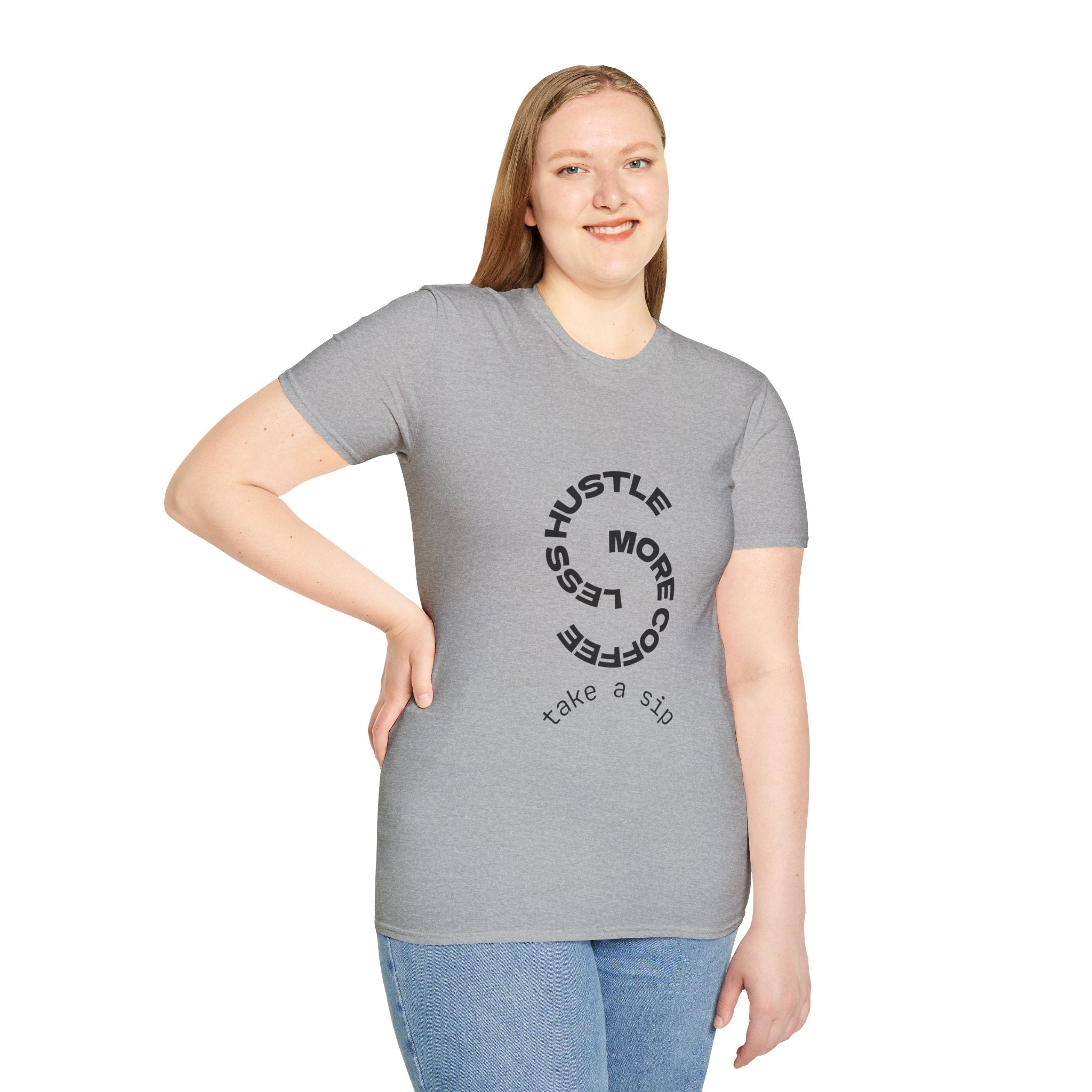 T-Shirt — "More Coffee Less Hustle" Minimalist Graphic Tee