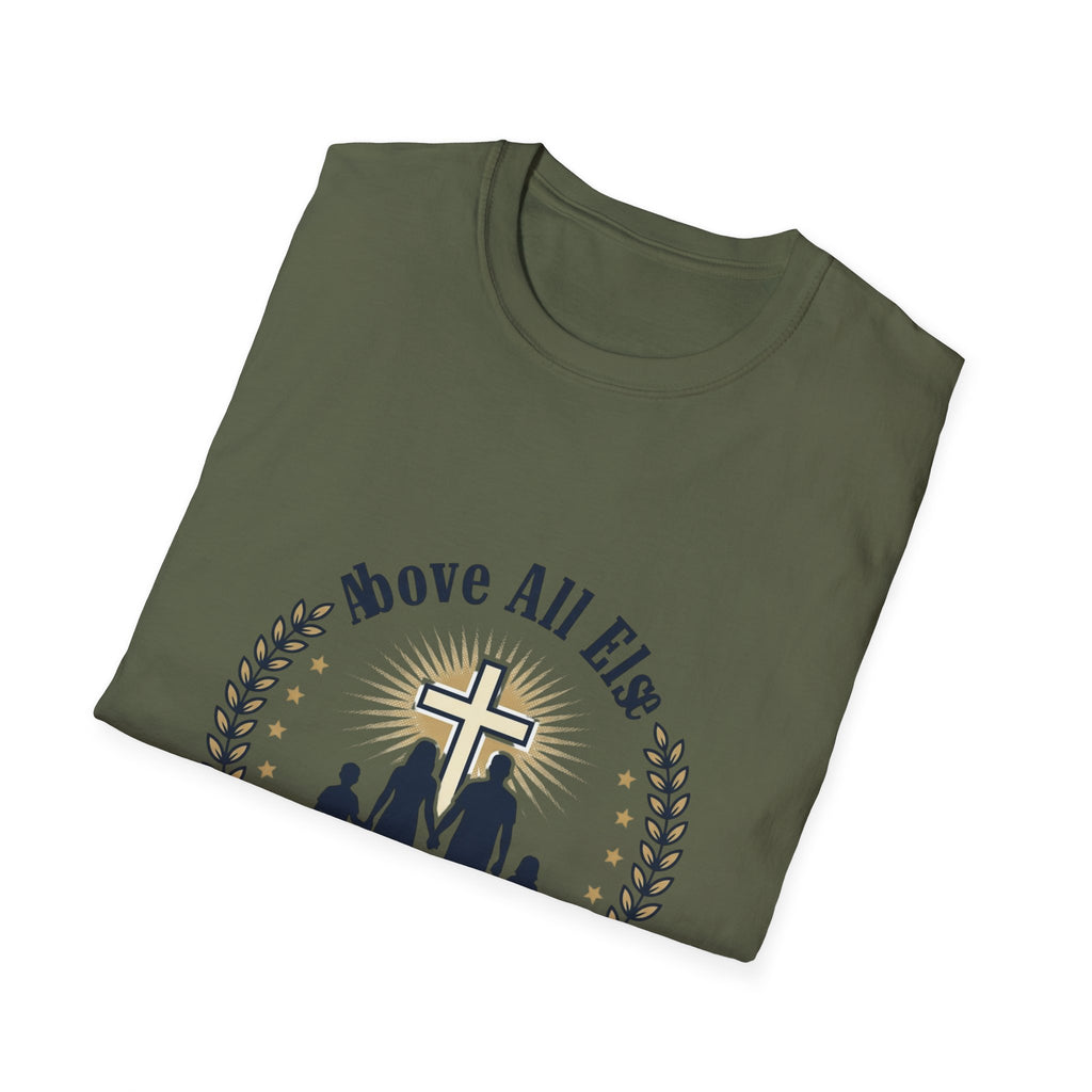 God and Family T-Shirt — Above All Else Cross & Family Silhouette Christian Tee